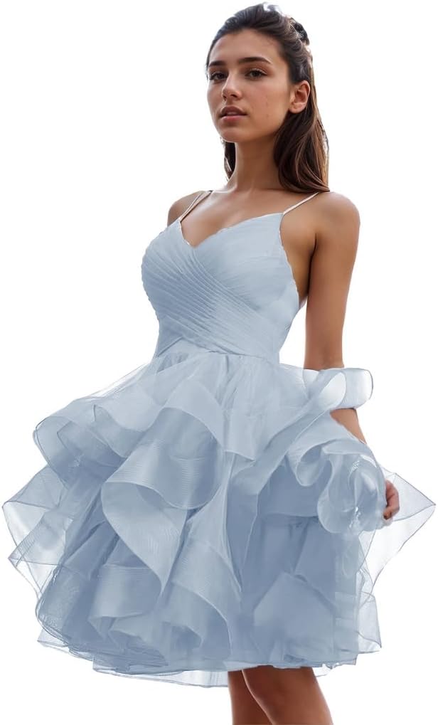 Women's Puffy Ruffle Short Homecoming Dress Tull Tutu Prom Dress V Neck Formal Party Gown