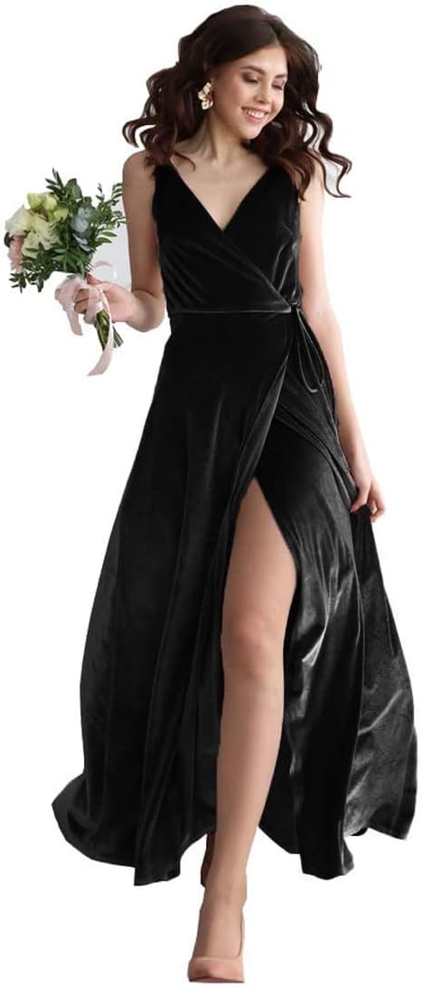 Samt V-Ausschnitt Brautjungfernkleid Langes Damen Ballkleid Formales Partykleid mit Schlitz 