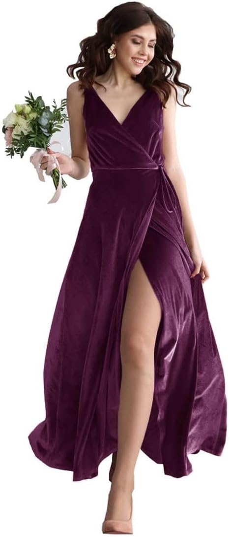 Velvet V Neck Bridesmaid Dress Long Women's Prom Formal Party Gown with Slit