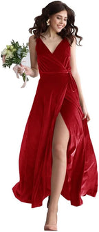 Samt V-Ausschnitt Brautjungfernkleid Langes Damen Ballkleid Formales Partykleid mit Schlitz 