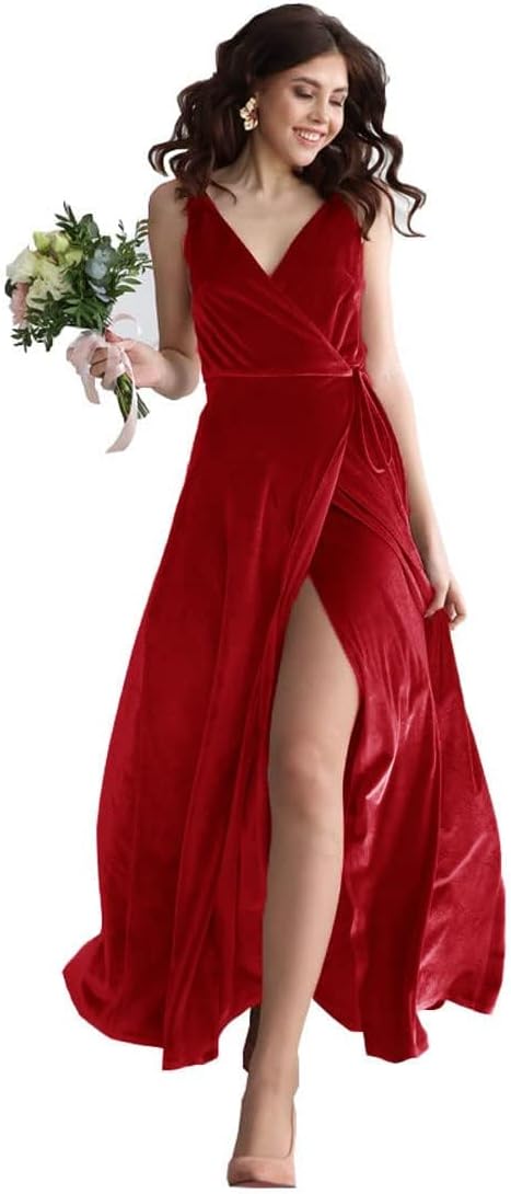 Velvet V Neck Bridesmaid Dress Long Women's Prom Formal Party Gown with Slit