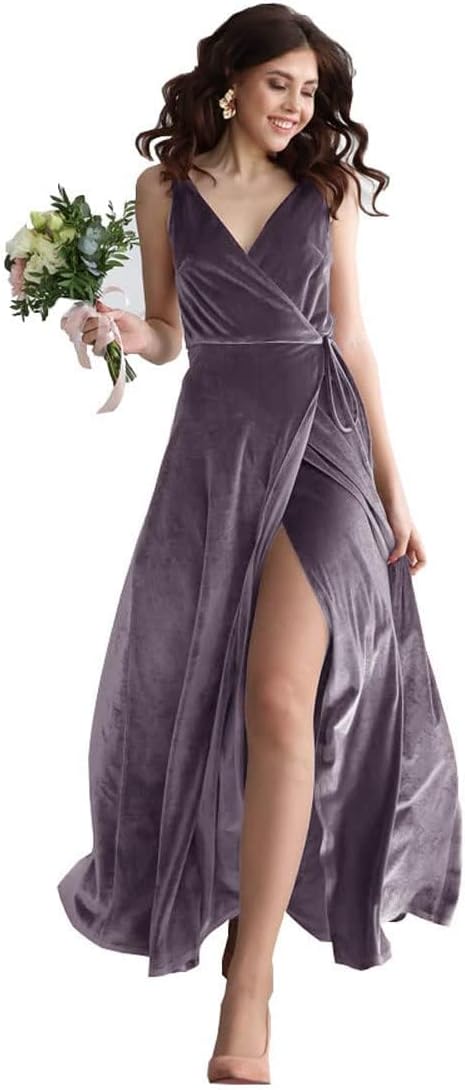 Samt V-Ausschnitt Brautjungfernkleid Langes Damen Ballkleid Formales Partykleid mit Schlitz 