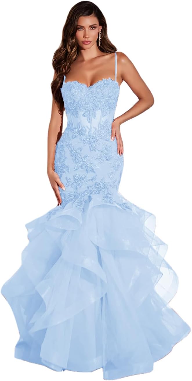 Damen Ballkleid mit Spitzenapplikation, Tüll, lang, Meerjungfrau-Stil, Rüschen, funkelnd, formelles Abendkleid 