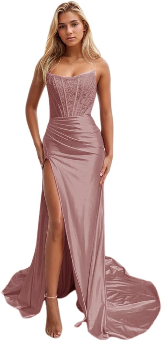 Vestidos de fiesta de sirena con encaje satinado para mujer, largos con abertura, sin tirantes, para noche formal, 2025 