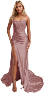 Vestidos de fiesta de sirena con encaje satinado para mujer, largos con abertura, sin tirantes, para noche formal, 2025 