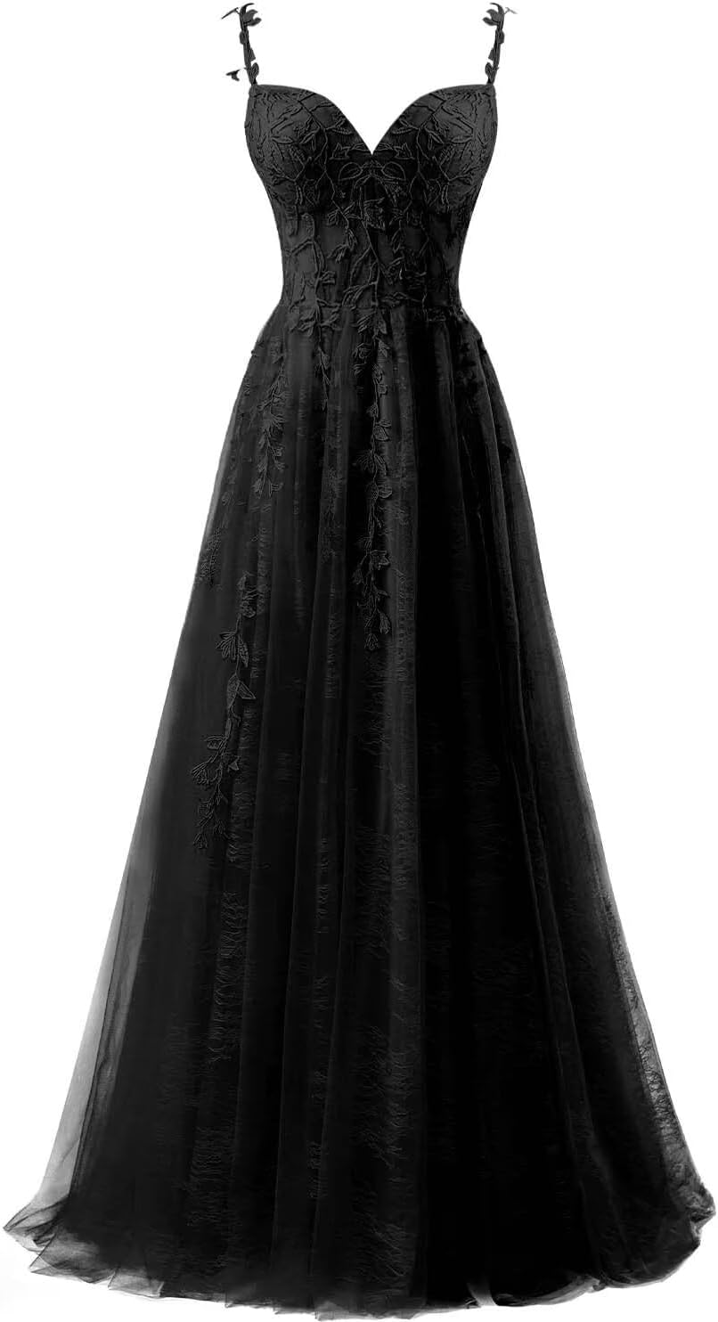 Lace Applique Tulle Prom Dresses for Women 2025 Spaghetti Straps Ball Gown Formal Evening Party Gown with Slit