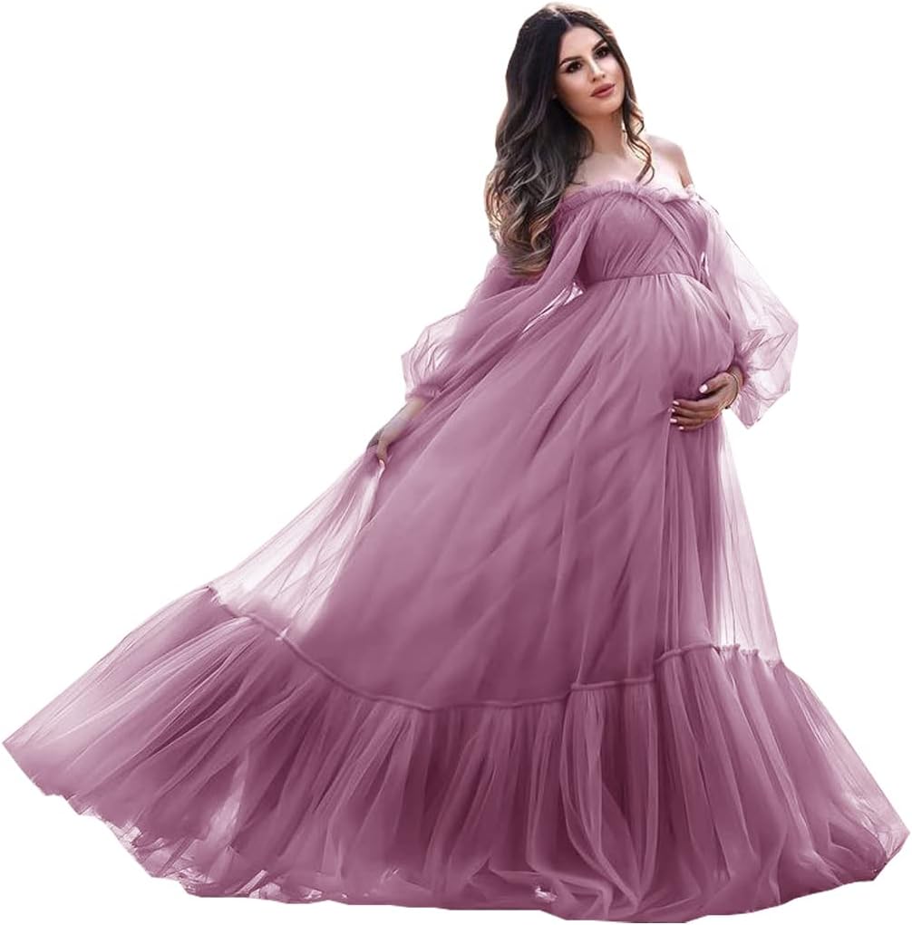 Puffy Sleeve Maternity Dress Tulle Robe for Photoshoot Off Shoulder Pregnancy Baby Shower Gown