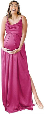 Spaghettiträger Umstandskleid Brautjungfernkleid für Fotoshooting Langes Satin Beinschlitz Schwangeres Abschlussball Partykleid 