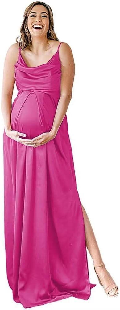 Spaghettiträger Umstandskleid Brautjungfernkleid für Fotoshooting Langes Satin Beinschlitz Schwangeres Abschlussball Partykleid 