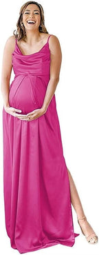 Spaghettiträger Umstandskleid Brautjungfernkleid für Fotoshooting Langes Satin Beinschlitz Schwangeres Abschlussball Partykleid 