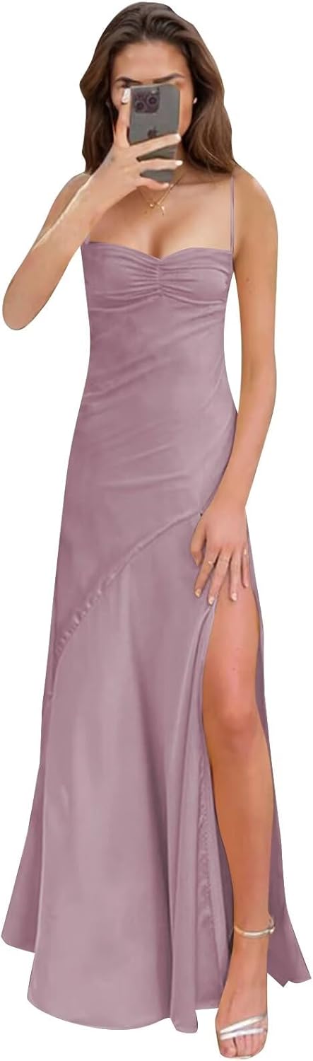 Spaghetti Strap Satin Prom Dresses Long A Line Pleated Corset Bridesmaid Formal Dress with Slit