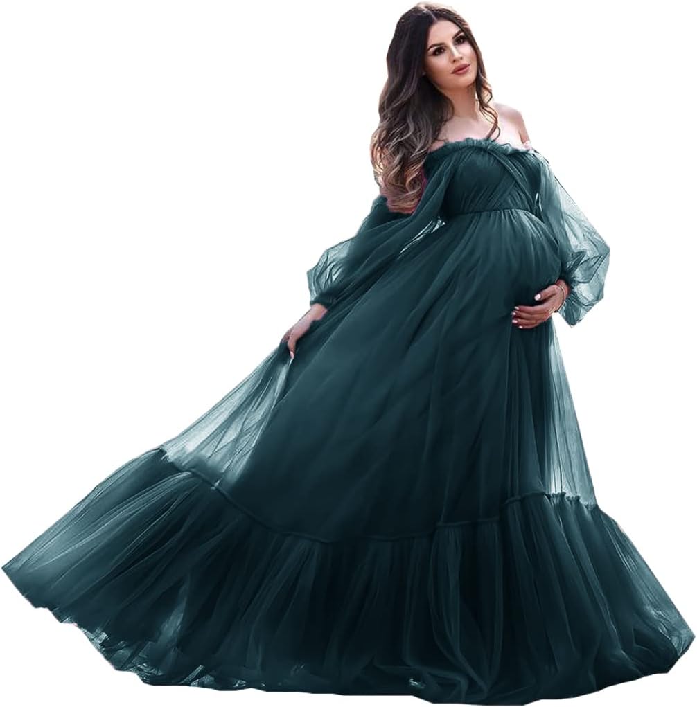 Puffy Sleeve Maternity Dress Tulle Robe for Photoshoot Off Shoulder Pregnancy Baby Shower Gown