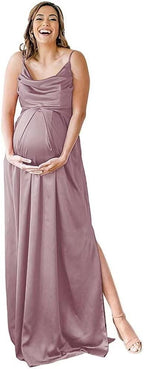 Spaghettiträger Umstandskleid Brautjungfernkleid für Fotoshooting Langes Satin Beinschlitz Schwangeres Abschlussball Partykleid 