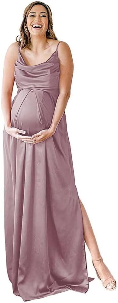 Spaghetti Strap Maternity Bridesmaid Dress for Photoshoot Long Satin Leg Split Pregnant Prom Party Gown