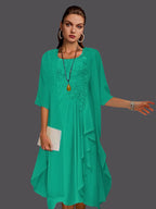 Vestido de dos piezas de gasa, corte A, sin mangas, con encaje y apliques plisados