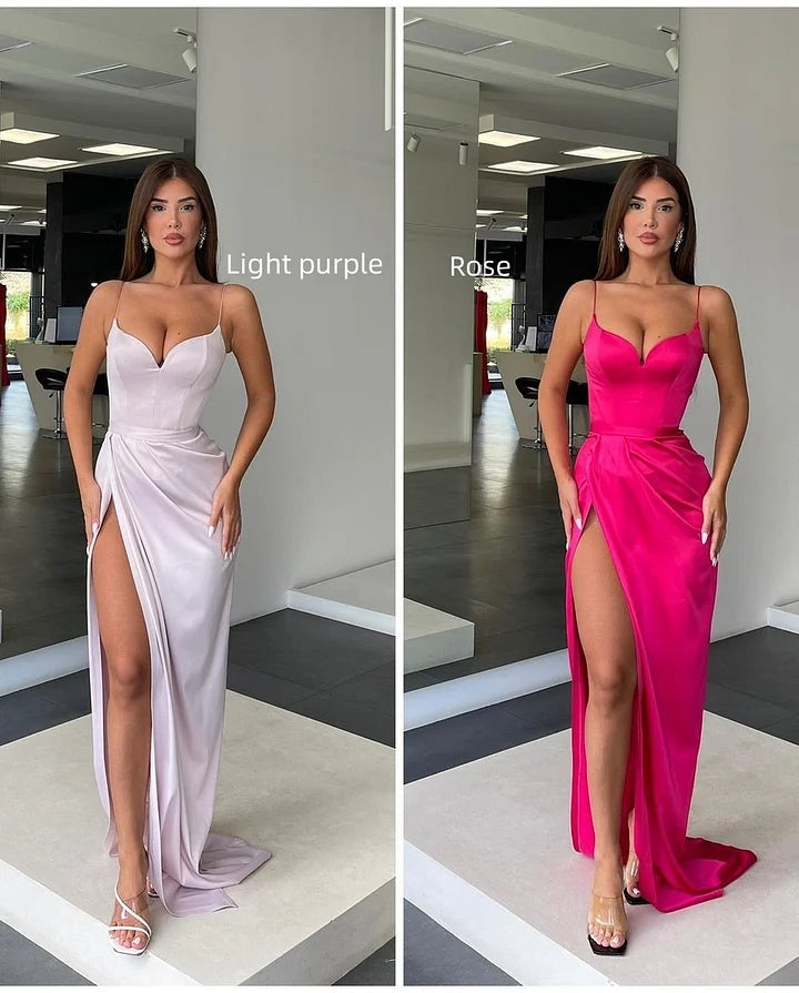 Vestido de fiesta largo de sirena con escote corazón, sin mangas y tirantes finos con abertura