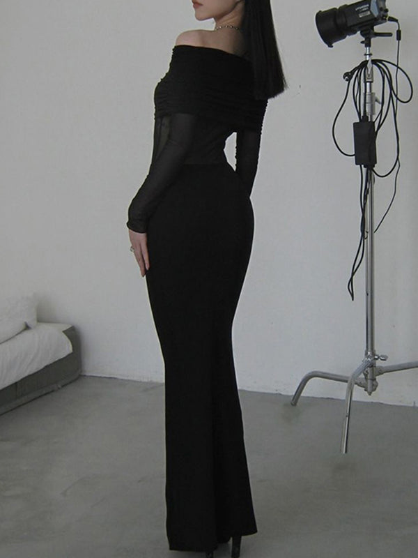 Long Sleeves Skinny Pleated See-Through Solid Color Split-Joint Off-The-Shoulder Evening Dresses Maxi Dresses