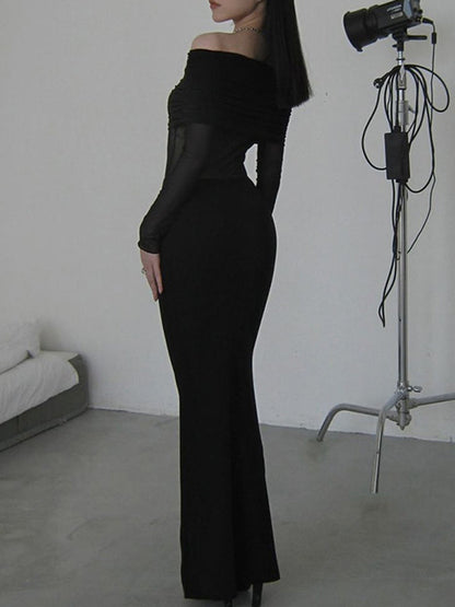 Long Sleeves Skinny Pleated See-Through Solid Color Split-Joint Off-The-Shoulder Evening Dresses Maxi Dresses