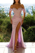 Vestido de fiesta largo de sirena con lentejuelas y hombros descubiertos con abertura