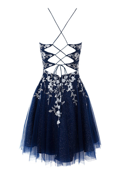 Bella | Vestido corto de fiesta Aline de tul brillante con apliques