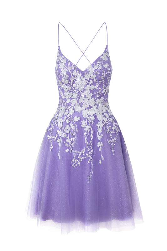 Bella | Vestido corto de fiesta Aline de tul brillante con apliques