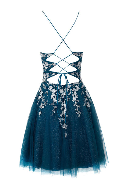 Bella | Vestido corto de fiesta Aline de tul brillante con apliques