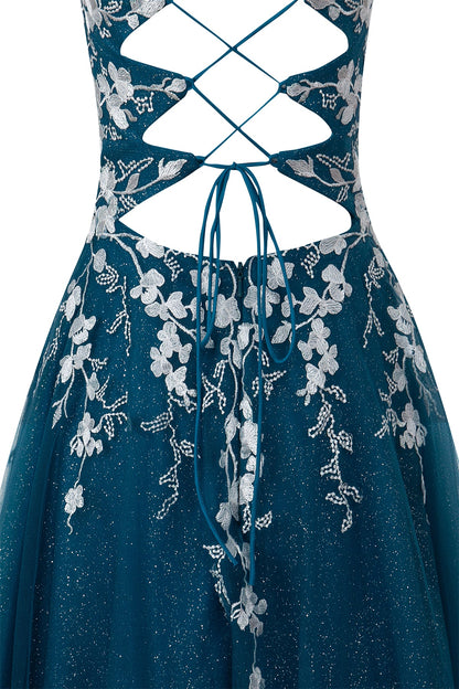 Bella | Vestido corto de fiesta Aline de tul brillante con apliques