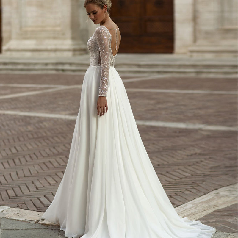 Modern Long Sleeve Wedding Dresses Simple Chiffon Lace Sequined Bridal Gowns Charming Backless A-Line vestidos de noiva-payinti