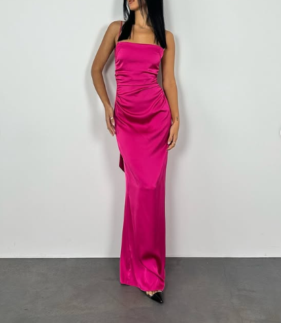 Vestido de fiesta largo sexy rosa intenso con escote en V y espalda descubierta Y7894