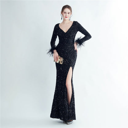 Ostrich Feather Cuff Sequined Fishtail Evening Dress with Side Slit