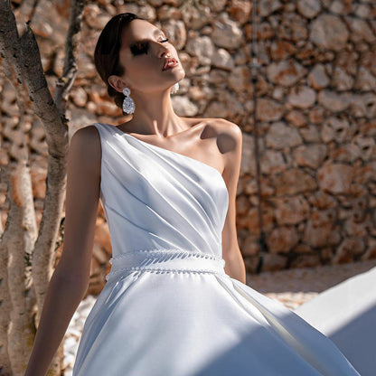 Elegant A-Line One Shoulder Stain Wedding Dress Beading Sleeveless Bridal Gowns For Women Custom Made Vestido De Novia-payinti