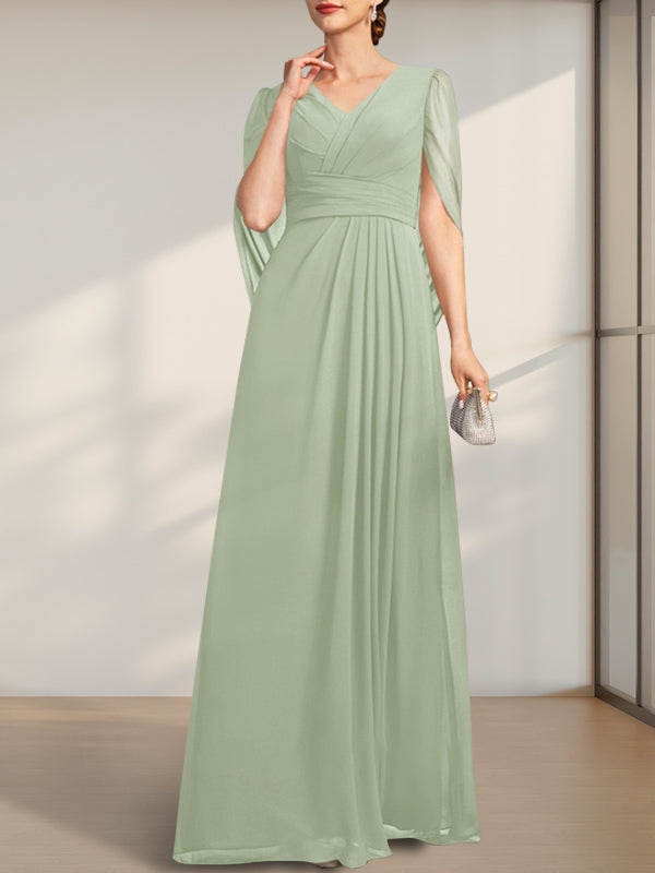 Vestido de gasa para madre de la novia con escote en V, largo hasta el suelo, con pliegues