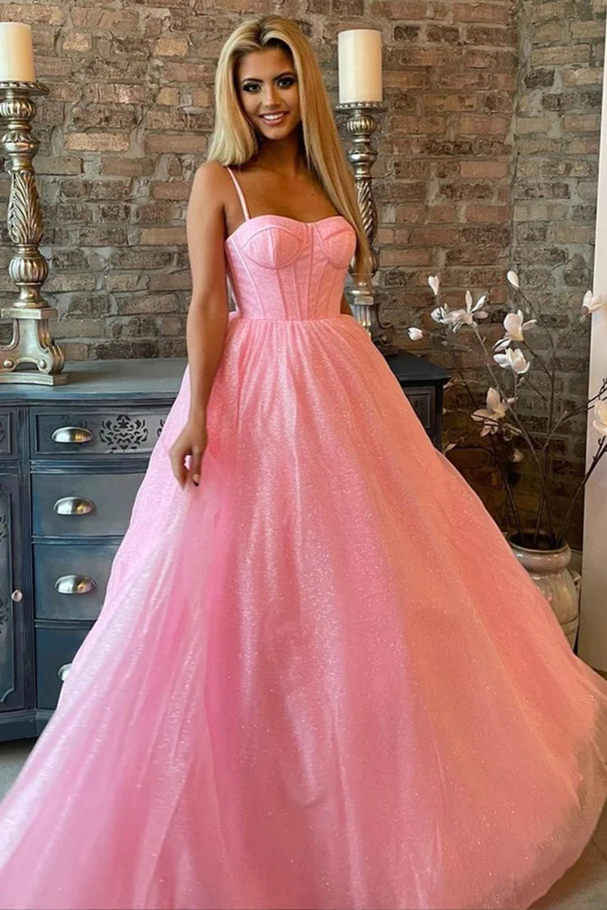Vestido de fiesta largo de tul rosa brillante, vestido formal rosa con tirantes finos, vestido de noche rosa brillante Y209