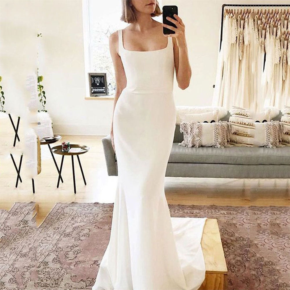 Spaghetti Strap Mermaid Wedding Dresses Women Square Neck Backless Simple Bridal Gowns Soft Stain Robe De Soirée Mariage-payinti