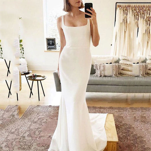 Spaghetti Strap Mermaid Wedding Dresses Women Square Neck Backless Simple Bridal Gowns Soft Stain Robe De Soirée Mariage-payinti