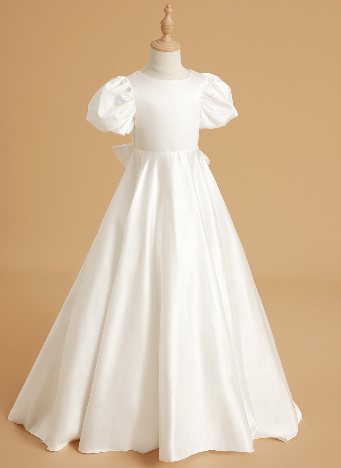 Vestido para niña de las flores con cola larga, mangas abullonadas, lazo en la espalda y botones
