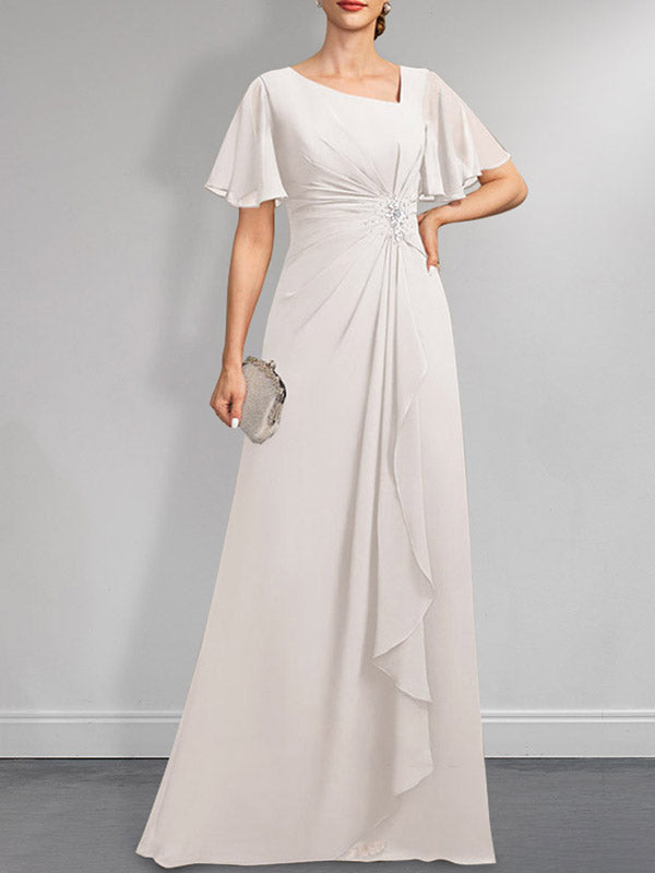 A-line Asymmetrical Floor-Length Chiffon Mother of the Bride Dress With Pleated Beading Sequins