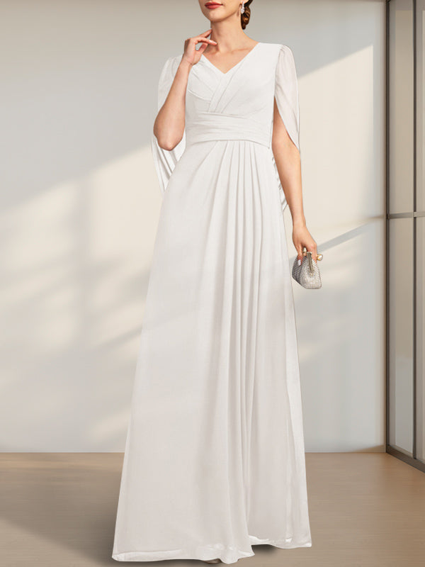 Vestido de gasa para madre de la novia con escote en V, largo hasta el suelo, con pliegues