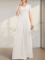 Vestido de gasa para madre de la novia con escote en V, largo hasta el suelo, con pliegues