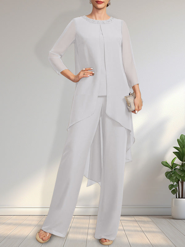 Vestido de gasa para madre de la novia con lentejuelas y abalorios, largo hasta el suelo y mono/pantalón separado