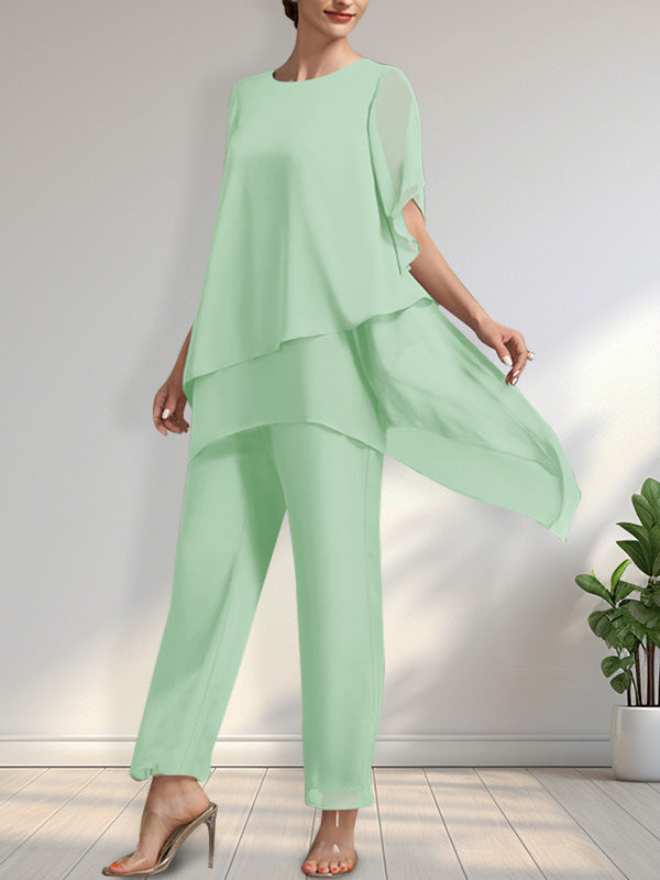 Vestido de gasa para madre de la novia, con escote redondo y largo hasta los tobillos, de mono/pantalón separado