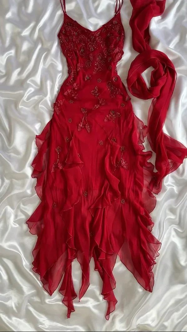 Rotes Chiffon Perlen Langes Party Abendkleid Formales Ballkleid Y7528