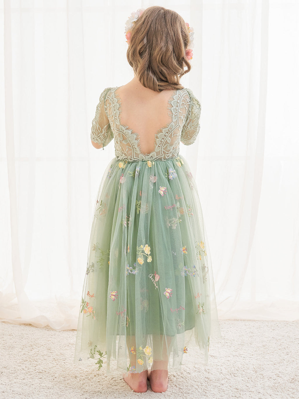 Salbeigrünes Blumenmädchenkleid aus Stoff mit U-Ausschnitt und Tüll (2003227581) 