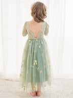 Salbeigrünes Blumenmädchenkleid aus Stoff mit U-Ausschnitt und Tüll (2003227581) 