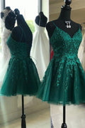 Vestidos de fiesta cortos con apliques de encaje de pavo real, corte A y escote en V 