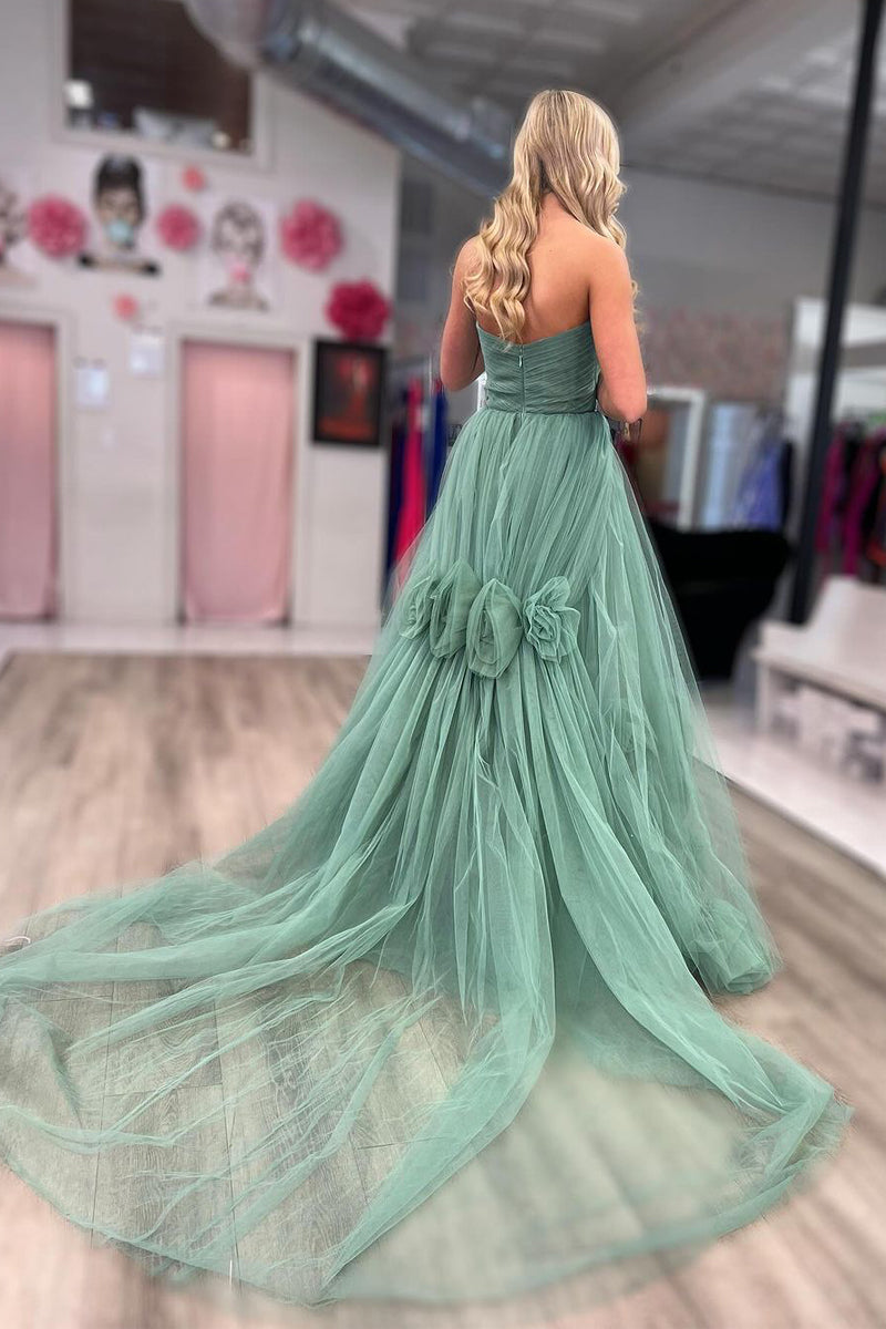 Vestidos de fiesta largos de tul verde sin tirantes, corte A
