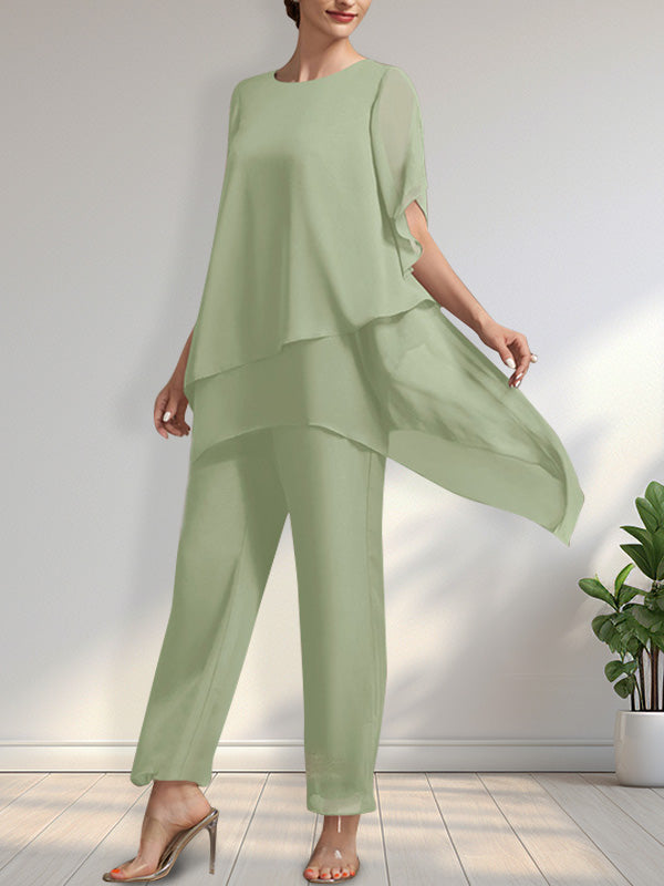Vestido de gasa para madre de la novia, con escote redondo y largo hasta los tobillos, de mono/pantalón separado
