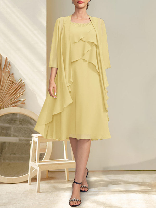 Vestido de gasa para madre de la novia con escote en A y escote redondo hasta la rodilla con cuentas