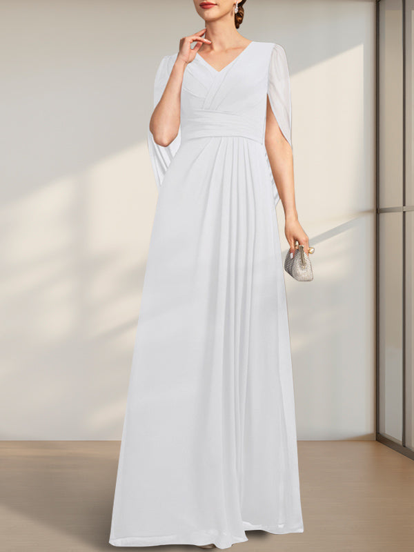 Vestido de gasa para madre de la novia con escote en V, largo hasta el suelo, con pliegues