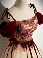 Vintage Tüll A-Linie Langes Ballkleid Spaghettiträger Abendkleid Ballkleid Y7662